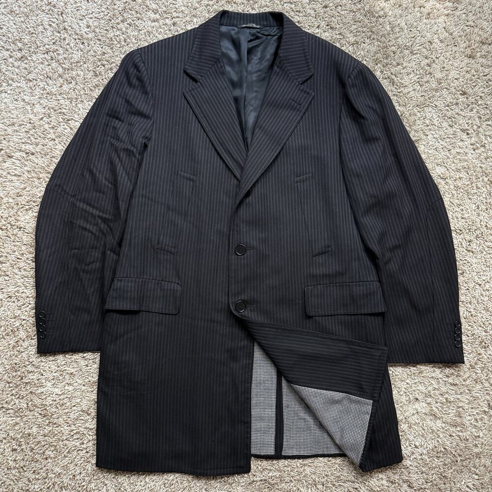 Vintage Canali Made In Italy Thick Wool Black Striped Long Suit Jacket Size 54L
